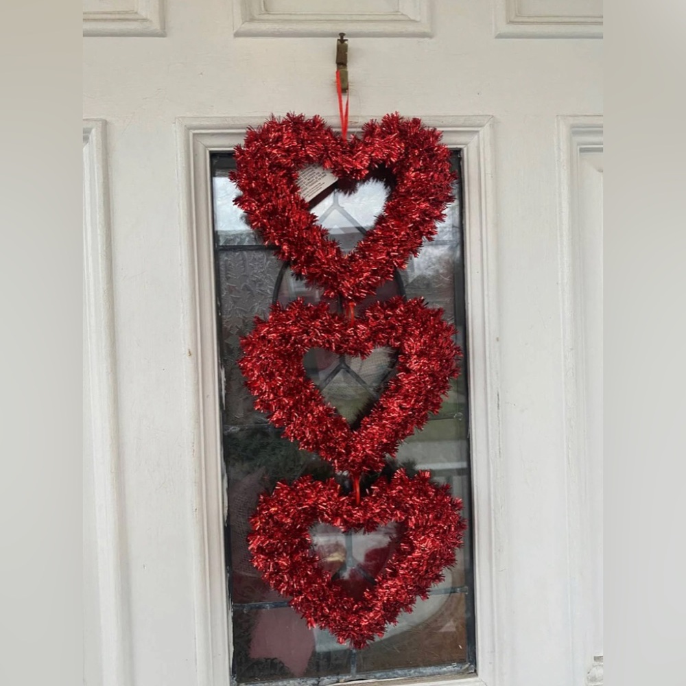18” Red Tinsel Heart Valentines Day Wreath, Heart Door Hanger Wall Decor,